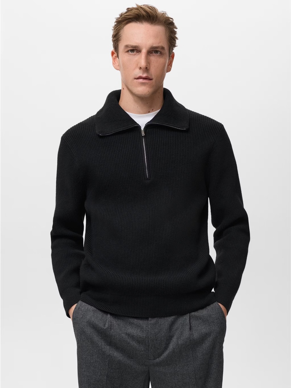NWT Mango KNITTED SWEATER WITH ZIP COLLAR BLACK Size L